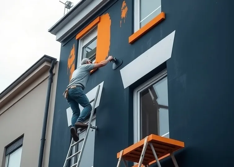 Peintre sur échafaudage traitant la façade d'une maison